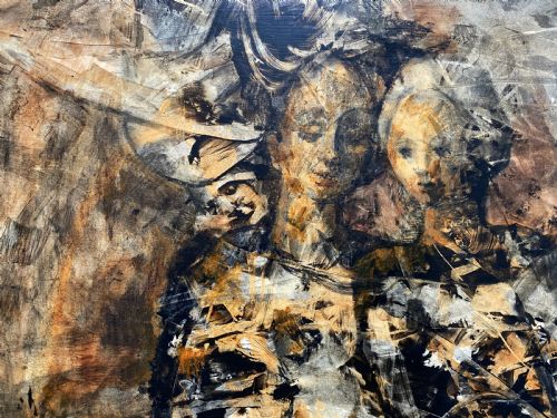 fig 3. A vertical abstract acrylic painting of layered human figures in earth tones, framed by a linen slip and a tiered gold gilt moulding.