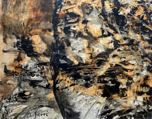 fig 5. A vertical abstract acrylic painting of layered human figures in earth tones, framed by a linen slip and a tiered gold gilt moulding.