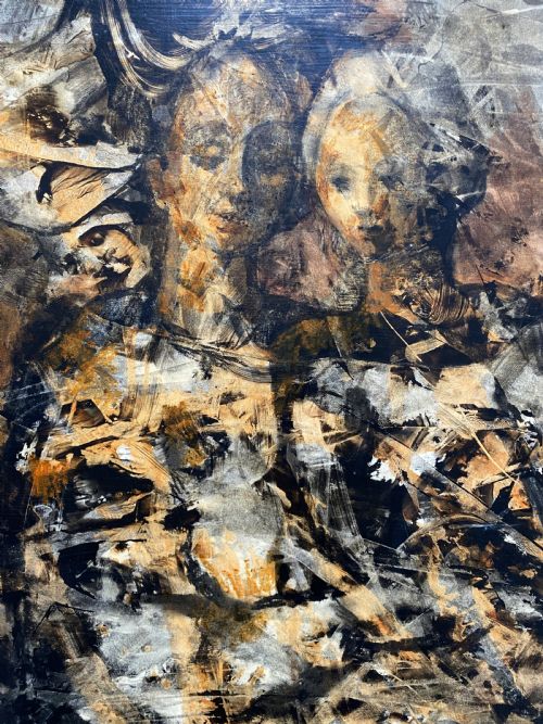 fig 6. A vertical abstract acrylic painting of layered human figures in earth tones, framed by a linen slip and a tiered gold gilt moulding.