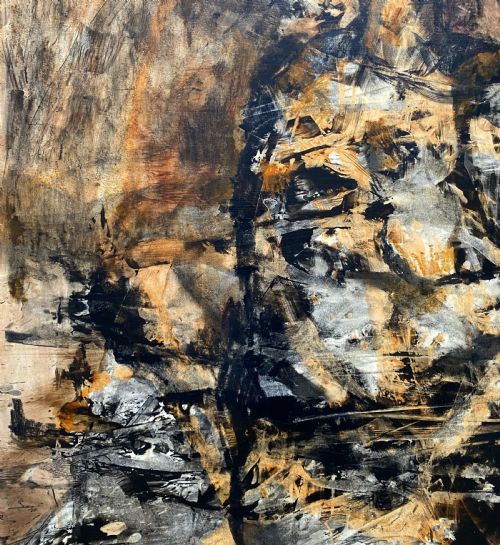 fig 7. A vertical abstract acrylic painting of layered human figures in earth tones, framed by a linen slip and a tiered gold gilt moulding.