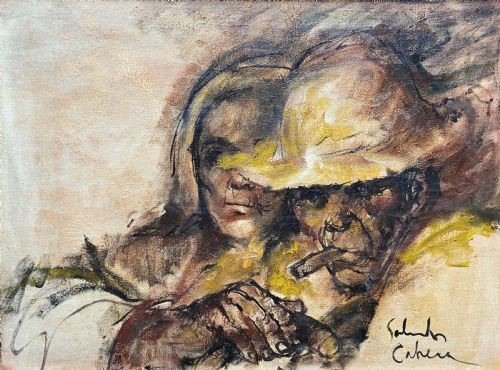 fig 1. A framed mid-century expressionist oil painting depicting a layered dual portrait of a man with a cigar and a woman, rendered in warm brown, yellow, and cream tones within a timber frame.