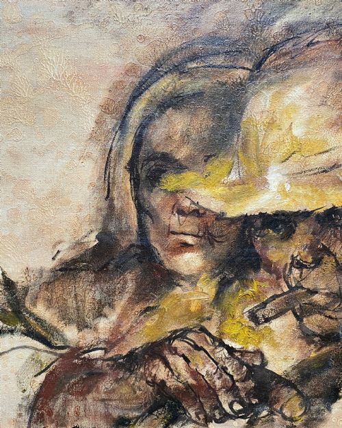 fig 5. A framed mid-century expressionist oil painting depicting a layered dual portrait of a man with a cigar and a woman, rendered in warm brown, yellow, and cream tones within a timber frame.