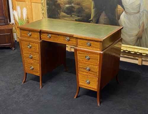 FINE SHERATON REVIVAL SATINWOOD INLAID FREESTANDING PEDESTAL LIBRARY DESK