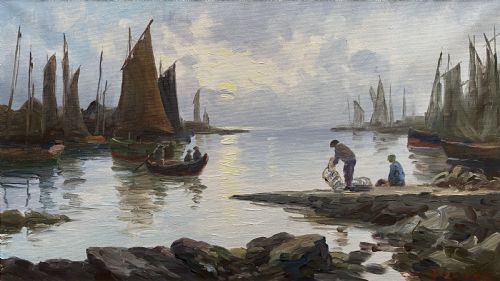 fig 1. An impressionist oil painting depicting sailboats and figures in a calm harbour at sunset, enclosed within a textured gilt frame.