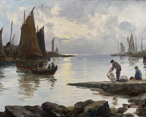 fig 2. An impressionist oil painting depicting sailboats and figures in a calm harbour at sunset, enclosed within a textured gilt frame.