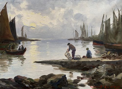 fig 3. An impressionist oil painting depicting sailboats and figures in a calm harbour at sunset, enclosed within a textured gilt frame.