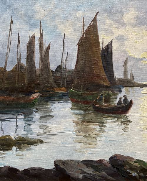 fig 4. An impressionist oil painting depicting sailboats and figures in a calm harbour at sunset, enclosed within a textured gilt frame.