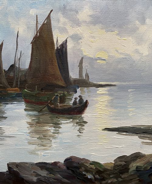 fig 5. An impressionist oil painting depicting sailboats and figures in a calm harbour at sunset, enclosed within a textured gilt frame.