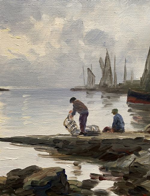 fig 6. An impressionist oil painting depicting sailboats and figures in a calm harbour at sunset, enclosed within a textured gilt frame.