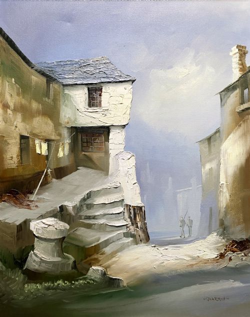 fig 1. Framed mid-century oil painting depicting stone cottages and harbour steps in a Cornish coastal village with impasto texture.