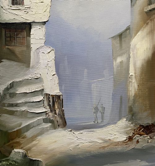 fig 2. Framed mid-century oil painting depicting stone cottages and harbour steps in a Cornish coastal village with impasto texture.