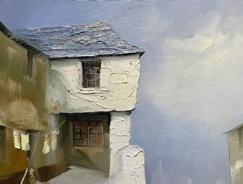 fig 4. Framed mid-century oil painting depicting stone cottages and harbour steps in a Cornish coastal village with impasto texture.