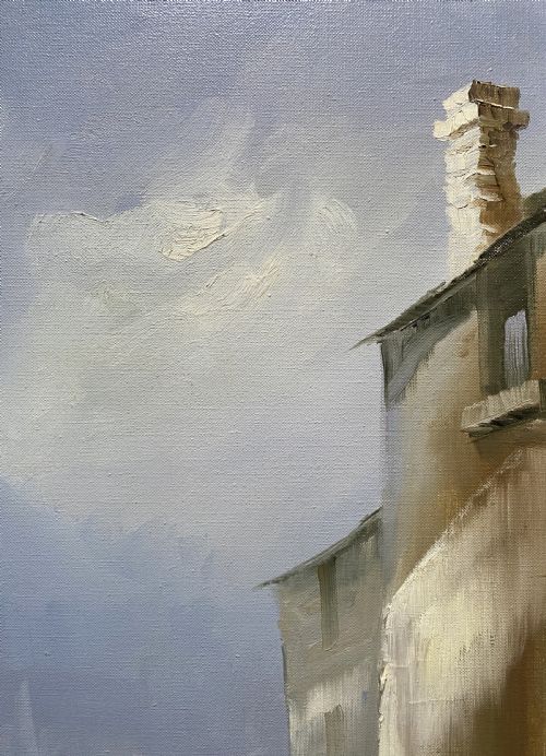 fig 5. Framed mid-century oil painting depicting stone cottages and harbour steps in a Cornish coastal village with impasto texture.
