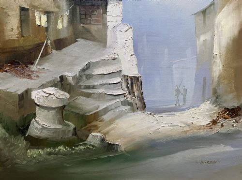 fig 6. Framed mid-century oil painting depicting stone cottages and harbour steps in a Cornish coastal village with impasto texture.