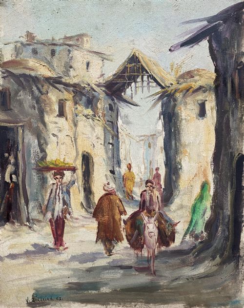 V ZIRAKIAN IRANIAN VINTAGE ANTIQUE IMPRESSIONIST VILLAGE TOWN OIL PAINTING - ADDITIONAL PHOTO 1
