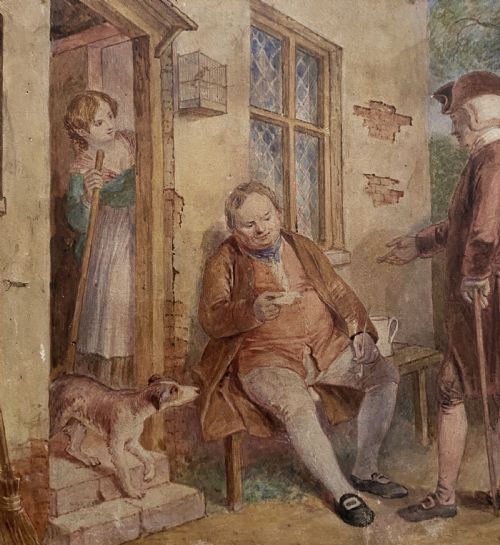 fig 2. A 19th-century framed watercolour illustration of figures in period costume outside a cottage doorway, set within a dark wooden and gilt frame.
