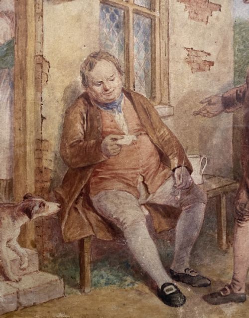 fig 3. A 19th-century framed watercolour illustration of figures in period costume outside a cottage doorway, set within a dark wooden and gilt frame.