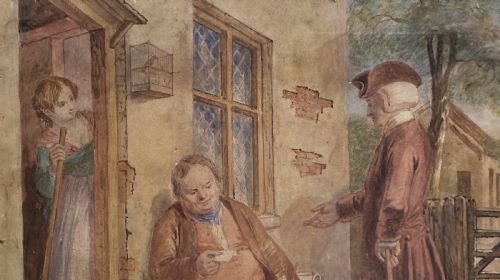 fig 5. A 19th-century framed watercolour illustration of figures in period costume outside a cottage doorway, set within a dark wooden and gilt frame.