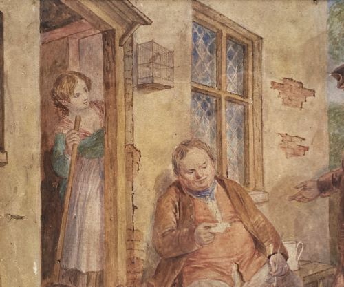 fig 6. A 19th-century framed watercolour illustration of figures in period costume outside a cottage doorway, set within a dark wooden and gilt frame.