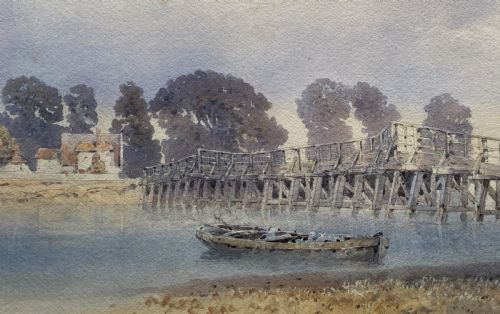 THE OLD SHOREHAM TOLL BRIDGE SUPERB ANTIQUE RIVERBRIDGE WATERCOLOUR PAINTING - ADDITIONAL PHOTO 4