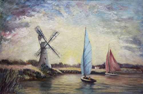 fig 1. A framed post-war impressionist oil painting depicting sailboats navigating a river past a traditional windmill against a cloud-filled sky.
