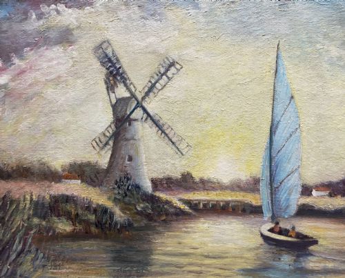 fig 2. A framed post-war impressionist oil painting depicting sailboats navigating a river past a traditional windmill against a cloud-filled sky.