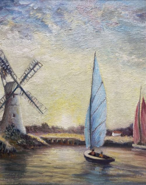 fig 5. A framed post-war impressionist oil painting depicting sailboats navigating a river past a traditional windmill against a cloud-filled sky.