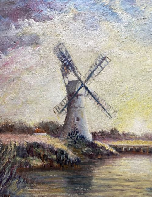 fig 6. A framed post-war impressionist oil painting depicting sailboats navigating a river past a traditional windmill against a cloud-filled sky.