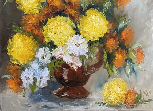 fig 2. An oil painting on canvas depicting a bouquet of yellow, orange, and white flowers arranged in a brown glazed ceramic jug against a muted background.