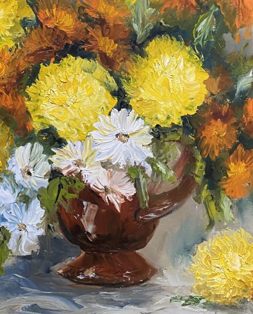 fig 3. An oil painting on canvas depicting a bouquet of yellow, orange, and white flowers arranged in a brown glazed ceramic jug against a muted background.
