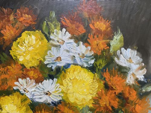 fig 4. An oil painting on canvas depicting a bouquet of yellow, orange, and white flowers arranged in a brown glazed ceramic jug against a muted background.