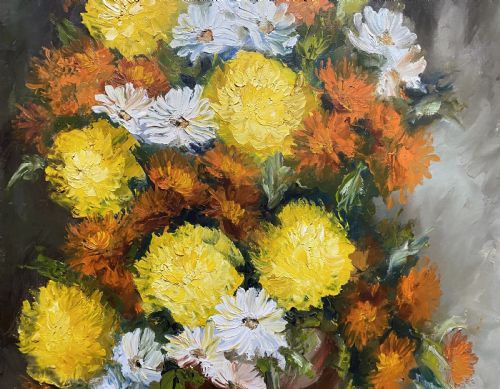 fig 5. An oil painting on canvas depicting a bouquet of yellow, orange, and white flowers arranged in a brown glazed ceramic jug against a muted background.