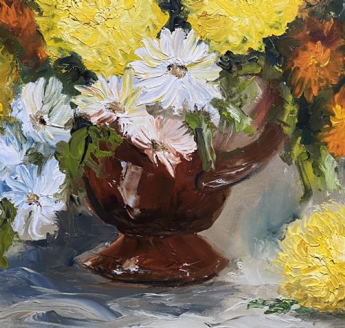 fig 6. An oil painting on canvas depicting a bouquet of yellow, orange, and white flowers arranged in a brown glazed ceramic jug against a muted background.