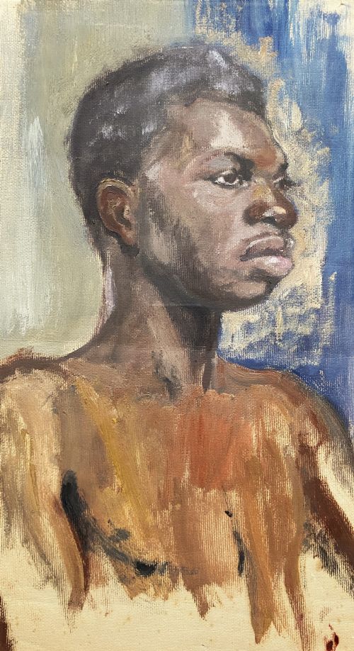 fig 1. A framed mid-century oil painting on canvas depicting a head and shoulders study of a young male model set against a blue and grey backdrop.