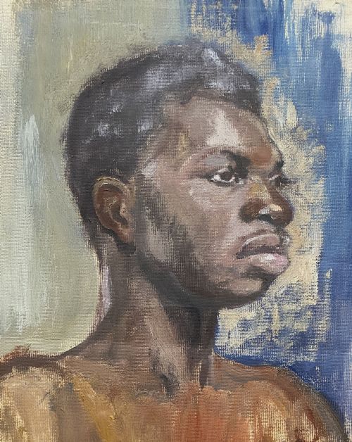 fig 2. A framed mid-century oil painting on canvas depicting a head and shoulders study of a young male model set against a blue and grey backdrop.