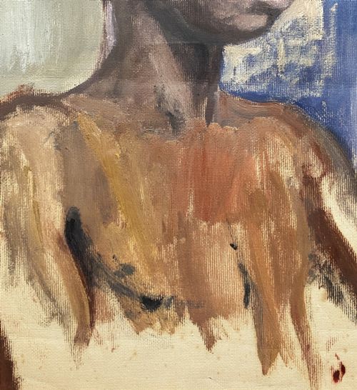 fig 3. A framed mid-century oil painting on canvas depicting a head and shoulders study of a young male model set against a blue and grey backdrop.
