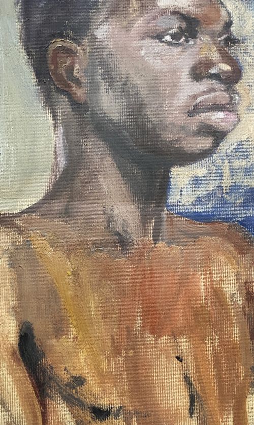 fig 5. A framed mid-century oil painting on canvas depicting a head and shoulders study of a young male model set against a blue and grey backdrop.