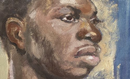 fig 6. A framed mid-century oil painting on canvas depicting a head and shoulders study of a young male model set against a blue and grey backdrop.