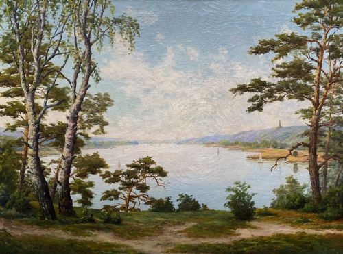 fig 1. A signed 20th-century oil painting depicting a calm lake with sailboats framed by birch and pine trees in a silvered wooden frame.