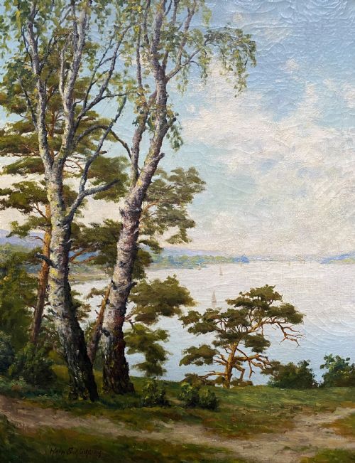 fig 4. A signed 20th-century oil painting depicting a calm lake with sailboats framed by birch and pine trees in a silvered wooden frame.
