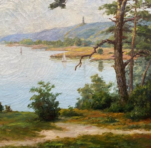 fig 6. A signed 20th-century oil painting depicting a calm lake with sailboats framed by birch and pine trees in a silvered wooden frame.