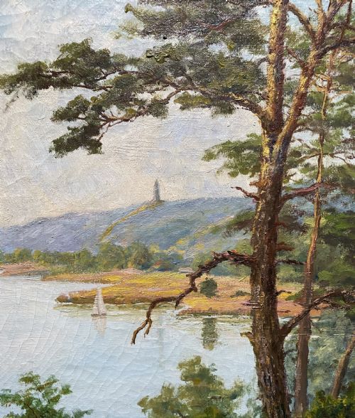 fig 7. A signed 20th-century oil painting depicting a calm lake with sailboats framed by birch and pine trees in a silvered wooden frame.