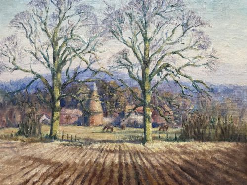 ORIGINAL ENGLISH ANTIQUE IMPRESSIONIST HARVEST HOP KILN LANDSCAPE OIL PAINTING - ADDITIONAL PHOTO 2