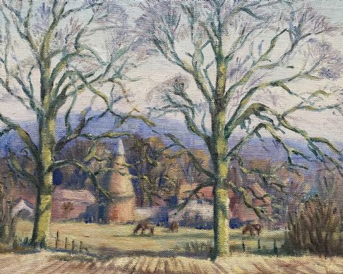 ORIGINAL ENGLISH ANTIQUE IMPRESSIONIST HARVEST HOP KILN LANDSCAPE OIL PAINTING - ADDITIONAL PHOTO 3