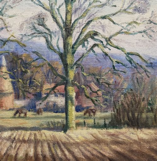 ORIGINAL ENGLISH ANTIQUE IMPRESSIONIST HARVEST HOP KILN LANDSCAPE OIL PAINTING - ADDITIONAL PHOTO 5