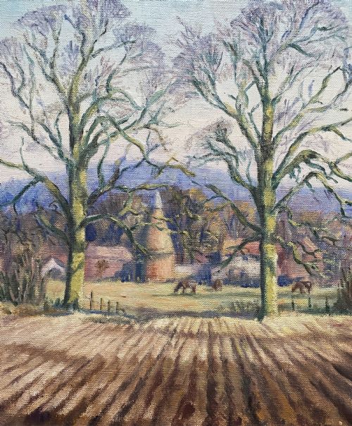 ORIGINAL ENGLISH ANTIQUE IMPRESSIONIST HARVEST HOP KILN LANDSCAPE OIL PAINTING - ADDITIONAL PHOTO 6