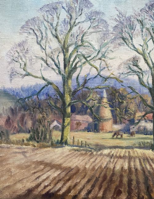 ORIGINAL ENGLISH ANTIQUE IMPRESSIONIST HARVEST HOP KILN LANDSCAPE OIL PAINTING - ADDITIONAL PHOTO 7