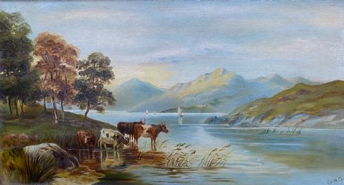 EARLY 20THC MOUNTAINOUS SCOTTISH HIGHLAND CATTLE LOCH LANDSCAPE OIL PAINTING - ADDITIONAL PHOTO 1
