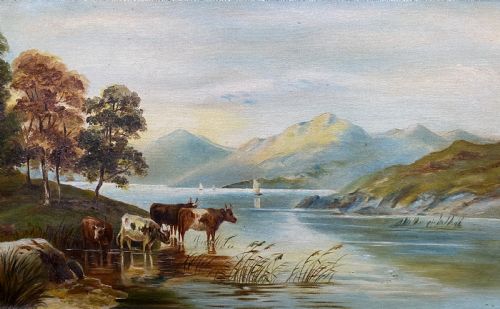 EARLY 20THC MOUNTAINOUS SCOTTISH HIGHLAND CATTLE LOCH LANDSCAPE OIL PAINTING - ADDITIONAL PHOTO 2
