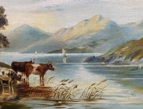 EARLY 20THC MOUNTAINOUS SCOTTISH HIGHLAND CATTLE LOCH LANDSCAPE OIL PAINTING - ADDITIONAL PHOTO 3